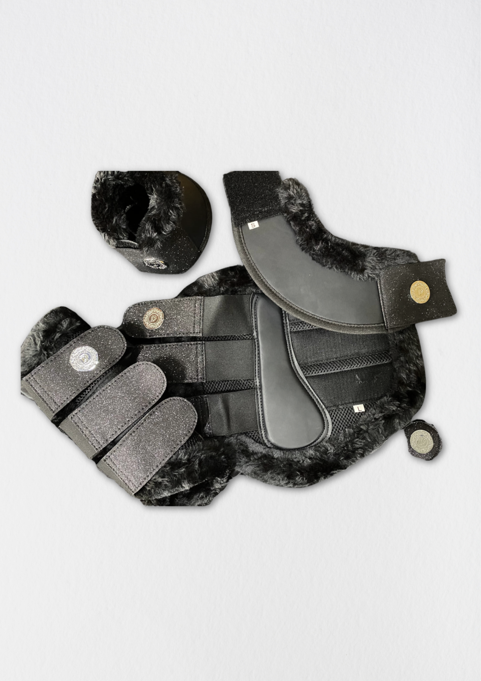 Horse brushing boots -Black Sparkle Exercise Boots & matching bell boots